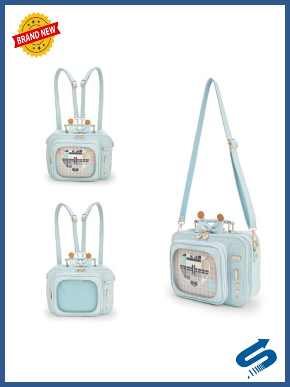 Faux Leather TV Shaped Ita Bag Crossbody Backpack Clear Window Pin Display - Picture 5 of 6
